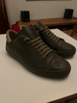 Axel arigato sneakers - Stilrena mörkbruna/ gröna sneakers. Skorna har snörning och är tillverkade i skinn med en diskret logga på sidan. Riktigt snygga arigatos har en 2 defekter men annars riktigt snygga