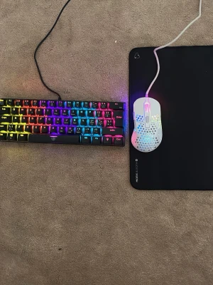 RGB-tangentbord och gamingmus - Säljer ett kompakt RGB-tangentbord med färgglad bakgrundsbelysning och en vit gamingmus med hål för lättare vikt. Musen har också RGB-belysning och kommer med en stor svart musmatta. Perfekt för gaming och setup-uppgradering.