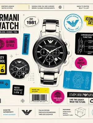 Emporio Armani klocka - Stilren kronografklocka från Emporio Armani i silverfärgat metallarmband och svart urtavla. Klockan har tre subdials, datumvisning och tydliga indexmarkeringar. Perfekt accessoar för dig som gillar klassisk och modern design.