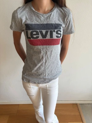 Grå Levi's t-shirt med logga - Snygg grå t-shirt från Levi's med klassisk logga i svart, vitt och rött framtill. T-shirten har rund hals och korta ärmar, perfekt för en avslappnad och trendig stil.