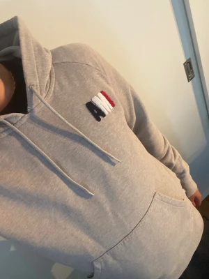 Ami Paris tröja - Snygg ljusgrå hoodie med broderad logga i rött, vitt och blått på bröstet. Klassisk känguruficka framtill och justerbar dragsko i huvan. Tillverkad i mjukt sweatshirtmaterial, perfekt för chill dagar.