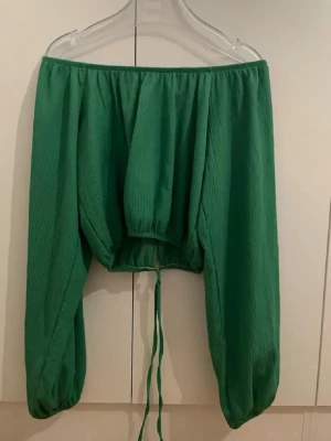 Grön offshoulder topp Gina Tricot - Snygg grön offshoulder topp från Gina Tricot i ribbat material. Toppen har långa, puffiga ärmar och snörning framtill för en trendig look. Perfekt att styla med höga jeans eller kjol. Ryggen är öppen fast syns ej mycket 