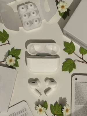 AirPods Pro 2 - Giltigt AppleCare, Komplett - Säljer ett par original AirPods pro (2:a generation) i mycket gott skick.  AppleCare till 2026 - överförs automatiskt till dig vid köp  Komplett med förpackning, USB-C kabel och extra öronpluggar Serienummer stämmer överens med boxen, fodralets insida, på airpodsen och iPhone inställningar  Kommer från rök- och djurfritt Skickas inom någon timme efter köp 