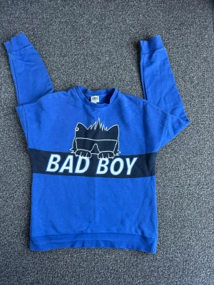 Blå Karl Lagerfeld sweatshirt BAD BOY - Cool blå sweatshirt från Karl Lagerfeld med trycket 'BAD BOY' och en katt med solglasögon på framsidan. Tröjan har rund hals, långa ärmar och är gjord i mjukt bomullsmaterial. Perfekt för en avslappnad streetwear-look.