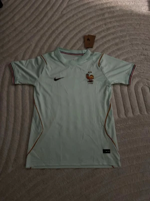 Ljusgrön Nike fotbollströja - Snygg ljusgrön fotbollströja från Nike med korta ärmar och tunna orange detaljer längs sidorna. Tröjan har broderad logga och emblem på bröstet samt randiga muddar i rött och svart vid ärmsluten. Perfekt för träning eller match.