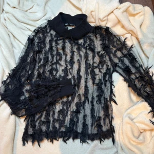 Svart genomskinlig polotopp från Zara - Säljer en unik svart mesh polotopp från Zara med lång ärm och coola fransdetaljer över hela toppen. Polokrage i ribbad kvalitet och transparent meshmaterial ger en edgy vibe. Perfekt för dig som vill sticka ut med din stil!