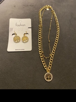Set med halsband & örhängen trädmotiv - Snyggt set med guldfärgat halsband och matchande örhängen, båda med rund berlock i form av livets träd. Halsbandet har två kedjor, en grov och en tunn, och berlocken är dekorerad med små glittrande stenar runt kanten. Perfekt accessoar för att lyfta din stil.