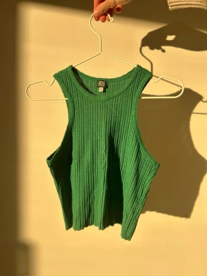 Grön ribbad linnetopp från BDG - Säljer en grön ribbad linnetopp från BDG Urban outfitters. Toppen är croppad och ärmlös med breda axelband och rund halsringning. Perfekt för dig som gillar en enkel men snygg stil. 