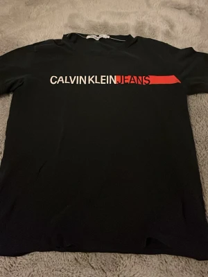 Svart Calvin Klein Jeans t-shirt - Säljer en svart t-shirt från Calvin Klein Jeans med vit och röd logga på bröstet och en vertikal logga på ryggen. Klassisk passform och korta ärmar, perfekt för dig som gillar stilrena och trendiga plagg. Materialet är mjukt och känns skönt mot huden.