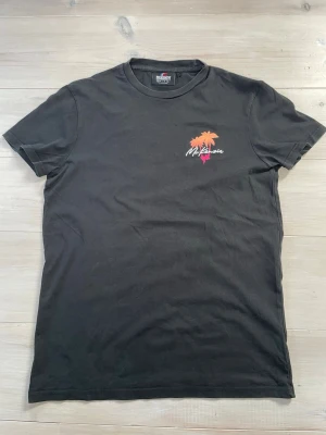 Svart McKenzie T-shirt med palmtryck - Cool svart t-shirt från McKenzie med färgglatt palmtryck i orange och rosa på bröstet och ryggen. Klassisk rund hals och korta ärmar, perfekt för en avslappnad stil. Materialet är mjuk bomull som känns skönt mot huden.