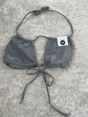 Grå bikiniöverdel med snörning XS - Säljer en snygg grå bikiniöverdel från Bik Bok i storlek XS. Modellen har snörning både i nacke och rygg, samt dekorativa silverdetaljer på snörena. Perfekt för sommarens strandhäng och poolpartyn.