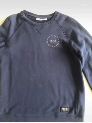 Peak Performance Tröja - En stilren sweatshirt från Peak Performance i mörkblå färg. Tröjan har en klassisk rund halsringning och en minimalistisk design med diskret tryck på bröstet. Den är tillverkad i ett mjukt och bekvämt material med normal passform, vilket gör den perfekt för både vardag och en avslappnad, sportig look.