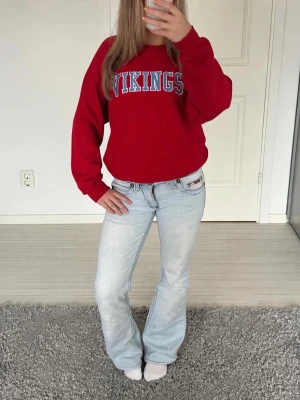 Röd sweatshirt med VIKINGS-tryck - Säljer en röd sweatshirt med texten VIKINGS i vitt och blått över bröstet. Tröjan har rund halsringning, långa ärmar och en avslappnad passform. Perfekt för dig som gillar sportig och casual stil. Materialet känns mjukt och bekvämt.