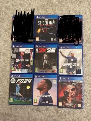 Billiga PS4 spel, pris kan diskuteras  - Säljer ett paket med 9 PlayStation 4-spel:                                                                 Spider-Man Miles Morales, FIFA 21, NBA 2K25,        FIFA  23, EA Sports FC 24, FIFA 22 och Tekken 7. Alla spel kommer i sina original blå plastfodral med omslag. Perfekt för dig som gillar sport, action och fighting! Pris kan diskuteras