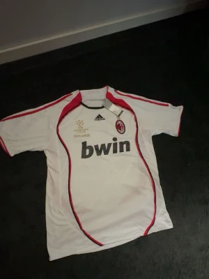 AC Milan Champions League tröja - Säljer en vit AC Milan Champions League-tröja från Adidas med röda och svarta detaljer. Tröjan har klubbmärke, Adidas-logga och Bwin-tryck på bröstet samt Champions League-finalen 2007 broderat i guld. Perfekt för fotbollsfans!