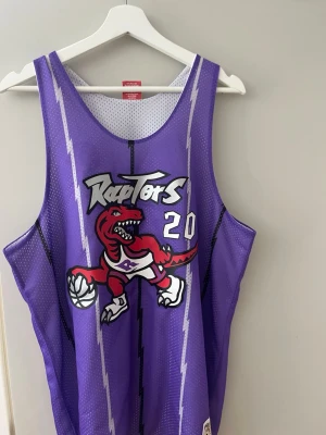 Lila Raptors basketlinne Stoudamire - Snyggt lila basketlinne med Toronto Raptors-logga och nummer 20 på framsidan. Stort tryck med röd dinosaurie och texten 'Raptors'. På baksidan står det 'Stoudamire' och nummer 20. Linnet är gjort i meshmaterial som andas, perfekt för basket eller streetwear.