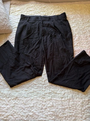 Svarta kostymbyxor från H&M - Stilrena svarta kostymbyxor från H&M i regular fit. Byxorna har klassisk rak passform, bälteshällor och knappstängning. Perfekta för en clean och dressad look. Materialet känns mjukt och följsamt.