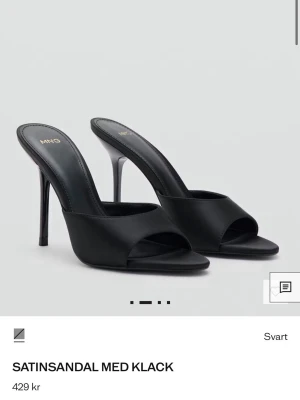 Svarta satinsandaler med klack MNG - Stilrena svarta sandaler i satin från mango. Sååå fina och perfekta i storlek 35 men passar 36 perfekt! Oanvända då jag inte hann skicka tillbaks i tid.