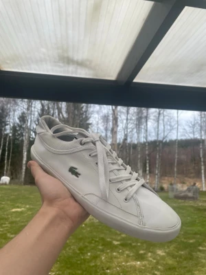 Vita Lacoste sneakers med krokodillogo - Fräscha vita sneakers från Lacoste med klassisk grön krokodillogo på sidan. Skorna har lågt skaft, vita snören och är tillverkade i slätt lädermaterial. Perfekta för en clean och stilren look.