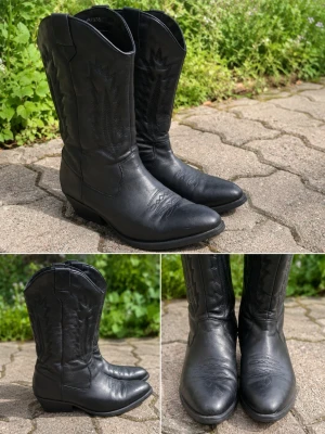 Svarta cowboyboots OBS KÖPAREN BETALAR FRAKT - Säljer ett par svarta cowboyboots i klassisk westernstil med fina broderade detaljer. De är i väldigt fint skick och helt oanvända. Bekväma med låg klack och lätta att matcha till både jeans, kjol eller mer uppklädda outfits. Perfekta för den som gillar westernstil eller vill ha ett par snygga boots som sticker ut. Säljs eftersom de inte kommit till användning. Hör gärna av dig vid intresse eller frågor! 💕