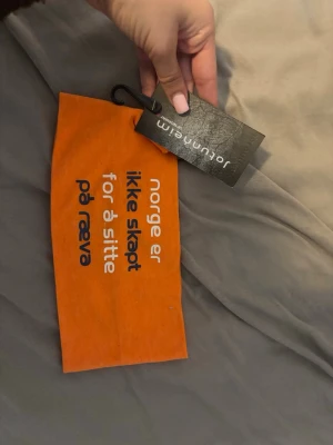 Orange pandband från Jotunheim - Orange pandband från Jotunheim med norsk text tryckt i blått och vitt. Sval och mjuk i materialet, perfekt att ha runt halsen eller som accessoar.
