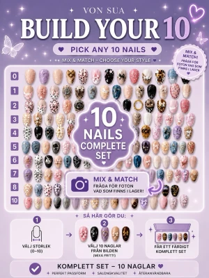 Mix and Match! 10 naglar - Mix & Match – skapa ditt egna set 💜  Välj 10 naglar och bygg ditt egna unika press-on set.  Så här gör du:  1. Kolla först vilken storlek du behöver: 0–11. 2. Välj 10 naglar från bilden. 3. Skärmdumpa bilden och ringa in/markera de naglar du vill ha. 4. Skicka bilden till mig, så sätter jag ihop ditt set.  Alla naglar är handgjorda av mig och kan mixas fritt efter din egen stil. Perfekt om du vill ha något mer personligt eller om du behöver extra naglar till tidigare set.