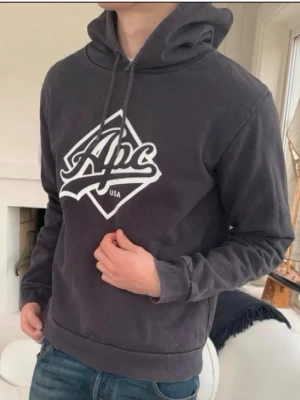 Mörkgrå hoodie från Apc USA - Snygg mörkgrå hoodie från Apc USA med stor vit logga på bröstet. Hoodien har huva med dragsko och långa ärmar. Tillverkad i mjukt material som känns skönt mot huden. Perfekt för en avslappnad och cool stil.
