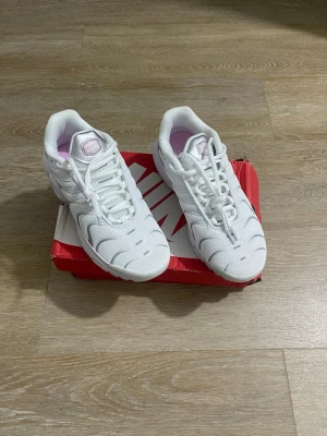 Nike Air Max Plus vita och rosa - Nike Air Max Plus sneakers i vitt mesh med detaljer i ljusgrått och rosa. Ikonisk sula med synlig Air-enhet och rosa accenter. Klassisk låg modell med snörning och swoosh-logga på sidan. Perfekta för dig som gillar sportig och trendig stil.