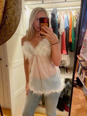 Vit mesh linne med fjäderkant - Säljer en transparent vit linnetopp i mesh med fluffiga fjäderdetaljer längs urringning och nederkant. Toppen har smala axelband och har en loose passform för en lekfull och trendig vibe. Köpt secondhand därför vet jag inte storlek eller märke men skulle säga att den passar S/M.