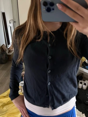 Mörkblå cardigan med knappar - En enkel och stilren mörkblå cardigan med långa ärmar och knäppning framtill. Tröjan har rund halsringning och ribbade muddar vid ärmslut och nederkant. Perfekt att slänga över en topp för en avslappnad look.perfekt till sommaren💝