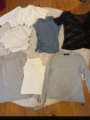 Klädpaket XS-S - Säljer ett paket med sju olika toppar i vitt, grått, blått och svart. Det är en ribbad stickad tröja, en spetsblus med v-ringning, en blå omlottopp, en vit ribbad linnetopp med smala axelband, en långärmad och flera croppade t-shirts. Perfekt för att variera din stil inför sommaren! Köp alla för bara 200 kronor