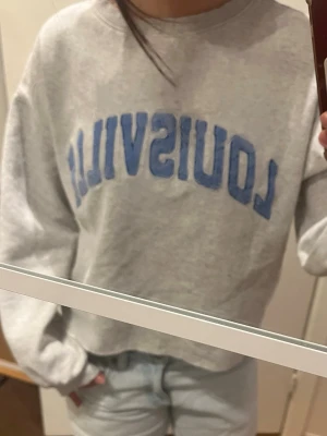 Grå croppad sweatshirt LOUISVILLE - Grå croppad sweatshirt med blå texten 'LOUISVILLE' framtill. Tröjan har rund halsringning och långa ärmar med ribbade muddar. Perfekt för en avslappnad och trendig stil.