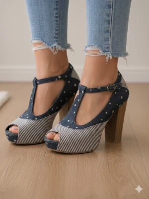 Blå pumps med stjärnor och ränder - Unika pumps i blått denimliknande tyg med vita stjärnor och ränder. Skorna har kraftig träfärgad klack, öppen tå och T-rem med spänne. Plattform framtill för extra höjd och cool retrostil. Perfekta för dig som vill sticka ut!