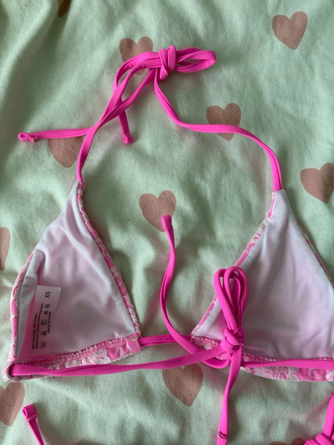 Rosa spetsbikini med knyt XS - 3