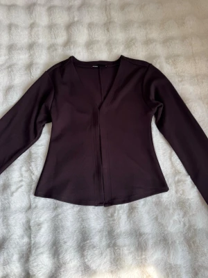 Mörkröd v-ringad topp från Bik Bok - Säljer en mörkröd långärmad topp från Bik Bok med v-ringning och figurnära passform. Toppen har en enkel, stilren design utan mönster eller extra detaljer, vilket gör den lätt att matcha med olika outfits.