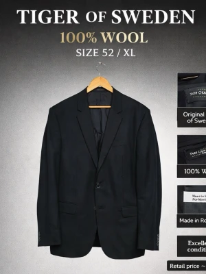 Tiger of Sweden Edvin blazer 52 / XL – 100% wool - Elegant kavaj från Tiger of Sweden.  • Modell: Edvin • Storlek: 52 / XL • Material: 100% ull (Super 100’s) • Färg: mörkblå / svart • Tillverkad i Rumänien • Skick: mycket bra skick  Perfekt för arbete, fest eller business casual. 