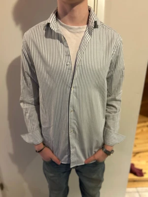 Sommarskjorta - Skjorta från Riley med diskreta gröna och vita ränder. S/M. Passar perfekt inför vårdagar och kommande sommar!🔥😎