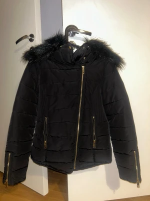 Svart dunjacka med fuskpäls och guldzip - Snygg svart dunjacka med avtagbar huva och fuskpälsdetalj. Jackan har guldfärgade dragkedjor på fickor, ärmslut och framtill. Quiltad design och ribbade partier i sidan ger en schysst passform. Perfekt för kalla dagar och riktigt trendig look. Helt ny aldrig använt heller. Inte riktigt min still därför till salu. Pris kan diskuteras 