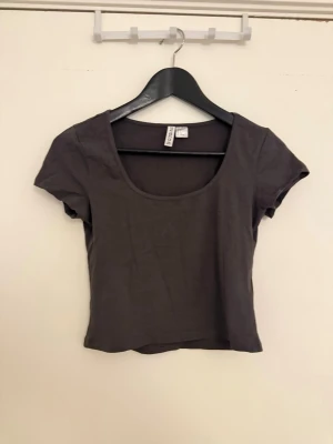 Mörkgrå croppad topp - En enkel och stilren mörkgrå croppad topp. Toppen har korta ärmar och en rund, djup ringning. Perfekt att matcha med höga jeans eller kjol för en trendig look. Aldrig använt 