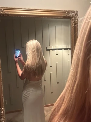 campange färgad långklänning med öppen rygg - Elegant champagne färgad långklänning med djup v-ringning och öppen rygg. Klänningen har en slät, figurnära passform och är ärmlös, vilket ger en stilren och modern look. Perfekt för speciella tillfällen när du vill sticka ut.