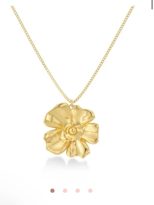 Guldigt halsband med blomma Edblad - Säljer detta fina halsband med en detaljerad blomma som hänge i guldtonad metall från Edblad. Halsbandet är gjort av rostfritt stål och har en justerbar kedja mellan 45-48 cm. Halsbandet har en knut (se sista bil), som förmodligen går att få upp🤍🤍