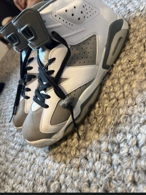 Air Jordan 6 Retro vit/grå - Säljer ett par Air Jordan 6 Retro sneakers i vitt och grått läder med svarta skosnören och perforerade detaljer. Klassisk high-top siluett med ikoniska detaljer på plösen och hälgrepp. Perfekta för dig som gillar streetwear och snygga sneakers.