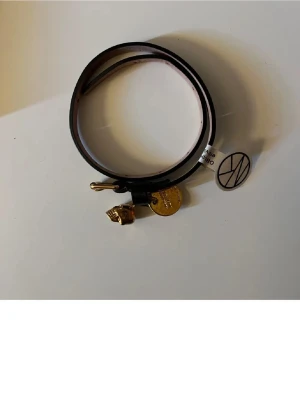 Svart läderarmband Alexander McQueen - Snyggt svart läderarmband från Alexander McQueen med guldfärgade detaljer. Armbandet har en liten dödskalleberlock och en rund bricka med logotyp, samt ett spänne i guldton. Perfekt accessoar för en edgy look. Nypris ligger mellan 1500-1900kr