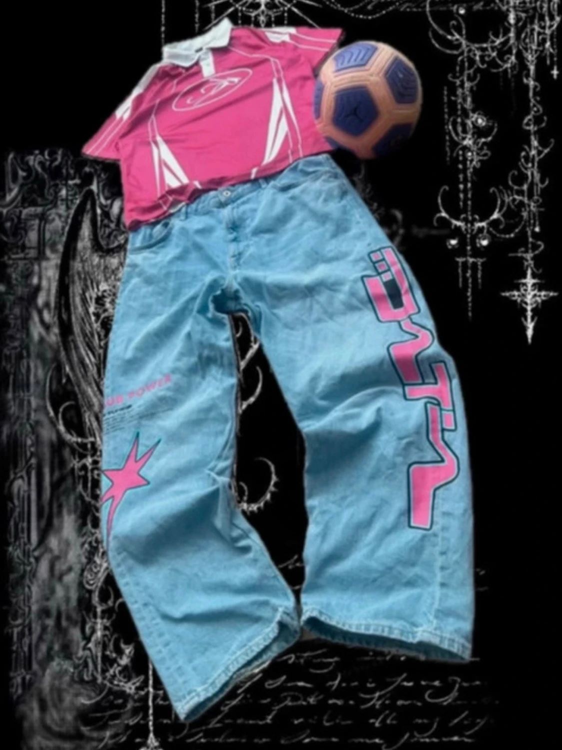 Bershka Baggy Vintage Skater Y2K Jeans Graphic Print Skate Pants Affliction Swag 90s - 1