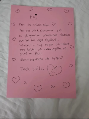 Handskrivet rosa tackkort med hjärtan - Jag uppskattar alla som hjälper genom att köpa något av mina annonser 🙏🏼✨️❤️