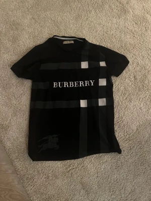 Svart Burberry t-shirt med rutor - Snygg svart t-shirt från Burberry med klassiskt rutmönster i grått och vitt över bröstet och logotypen tryckt framtill. T-shirten har korta ärmar och rund hals. Perfekt för dig som gillar stilrena designer med en lyxig touch. Jag tar emot byten den passar både S och M