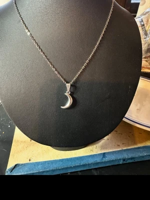 Silverhalsband med månhänge - Snyggt halsband i silverfärg med ett månhänge. Kedjan är tunn och har små, ovala länkar. Hänget är format som en halvmåne och har en blank finish. Perfekt för dig som gillar minimalistisk och stilren design.