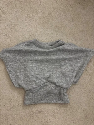 Grå ribbad croppad topp - Säljer en grå ribbad croppad topp med korta ärmar och rund hals. Toppen har en mjuk och stretchig känsla, perfekt för att styla med höga jeans eller kjol. Enkel men snygg design som passar till många olika looks.