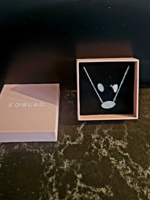 Halsband och örhängen från Edblad - Vackert diskret smyckeset från Edblad i steel med glittrade stenar. Denna serie är utgången sedan länge. Jag bar setet vid mitt bröllop och sedan har det legat oanvänt i sin ask så det är i nyskick.  Kommer i ask.