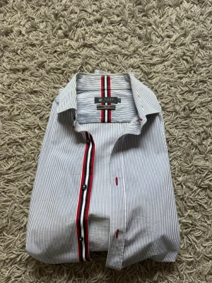 Randig skjorta från riley med röd detalj - Snygg skjorta från riley  med tunna mörkblåa och vita ränder samt röda detaljer vid knapparna och insidan av kragen. Skjortan har lång ärm, klassisk krage och knäppning framtill. Perfekt för dig som gillar stilrena plagg med en twist.